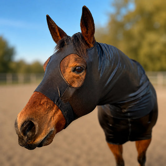A horse wearing a shiny metallic black full body horse sleazy stands in an outdoor paddock with a blurred background of trees and sky.