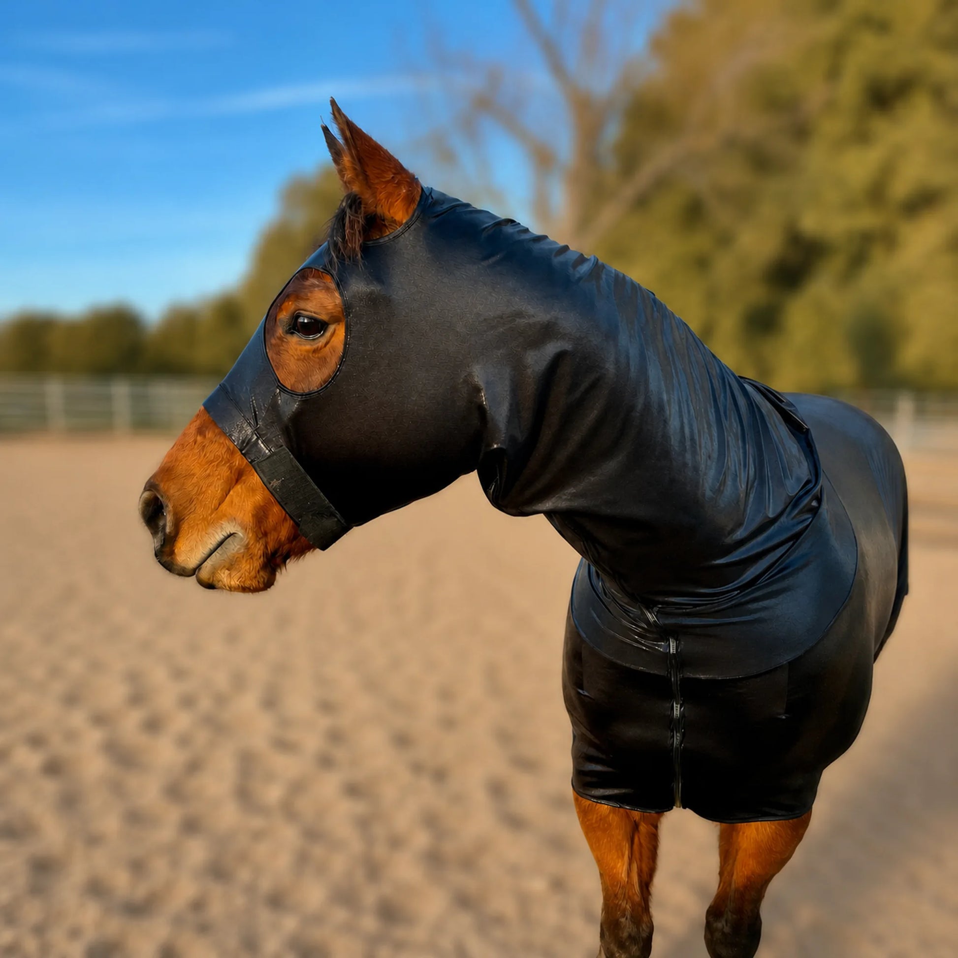 A horse standing in a sandy outdoor arena wearing a shiny metallic black full body sleazy, with trees and blue sky in the background.