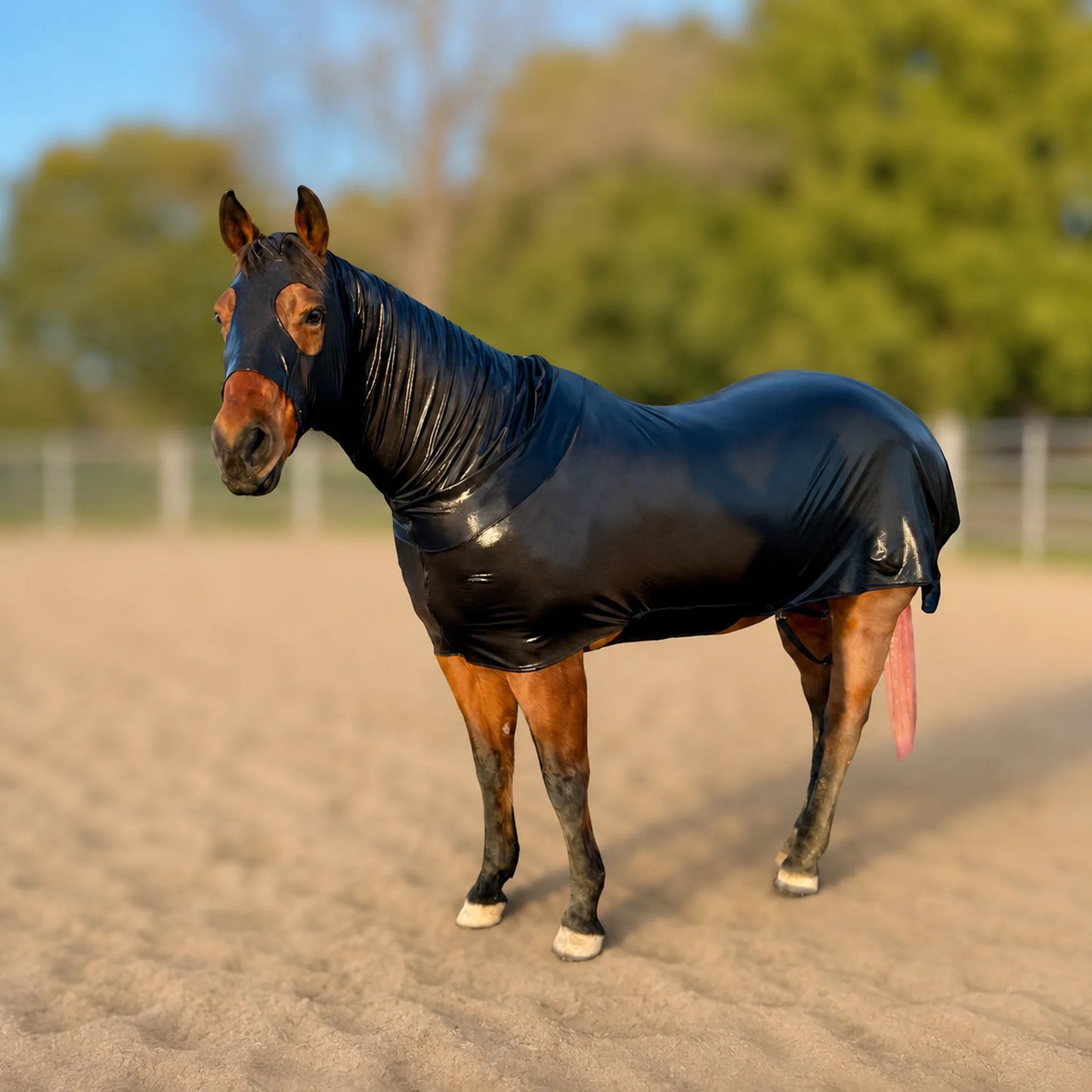 A horse standing in a sandy outdoor arena wearing a shiny metallic black full body horse sleazy.