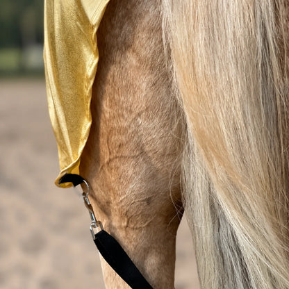 Close-up of a horse's hind leg and tail area wearing a shiny metallic gold full body sleazy cover with black straps and metal snap hook hardware attachment.