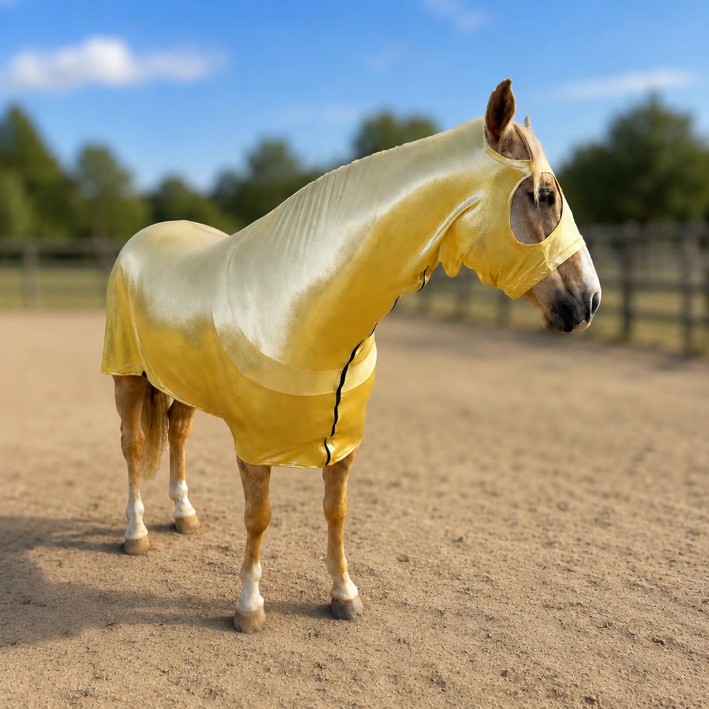 A light brown horse standing in a sandy arena wearing a shiny metallic gold full body sleazy, with trees and a blue sky in the background.