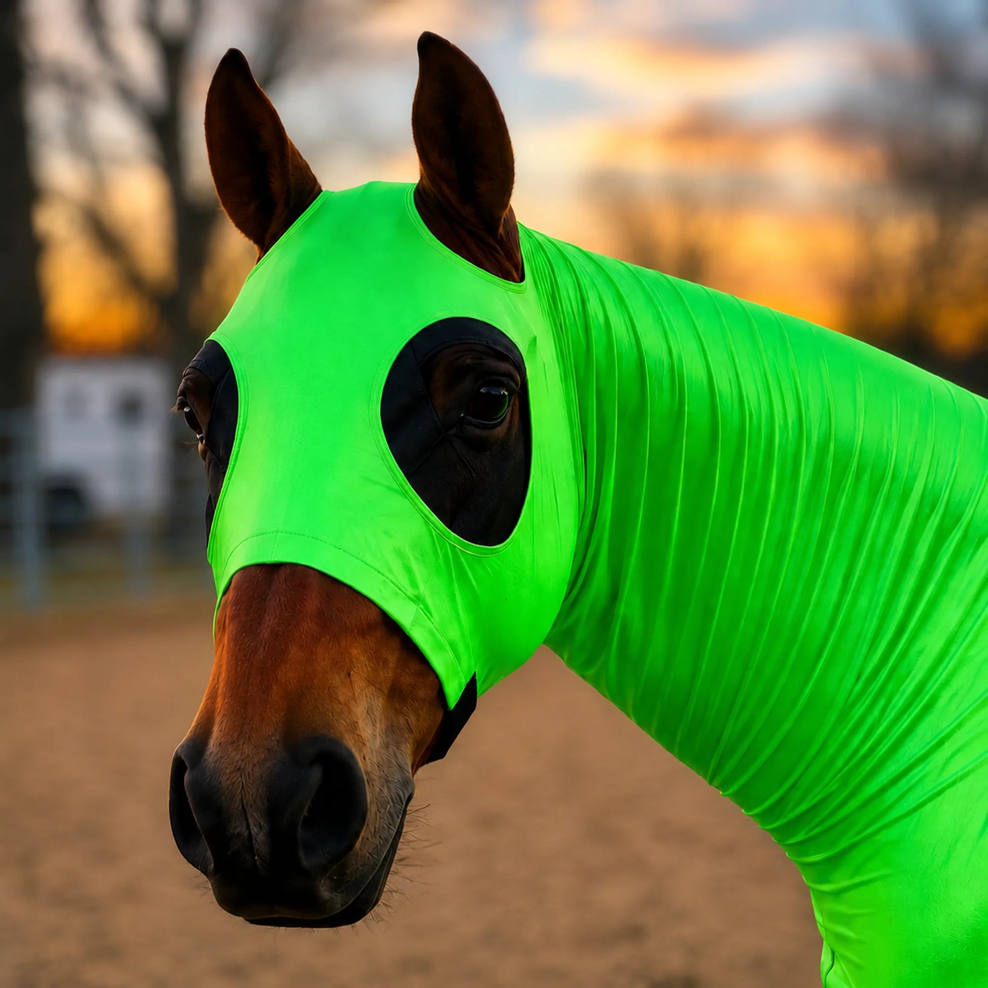 A bright metallic green full body horse sleazy fitted on a brown horse, shown in a close-up outdoor portrait with a blurred sunset background.