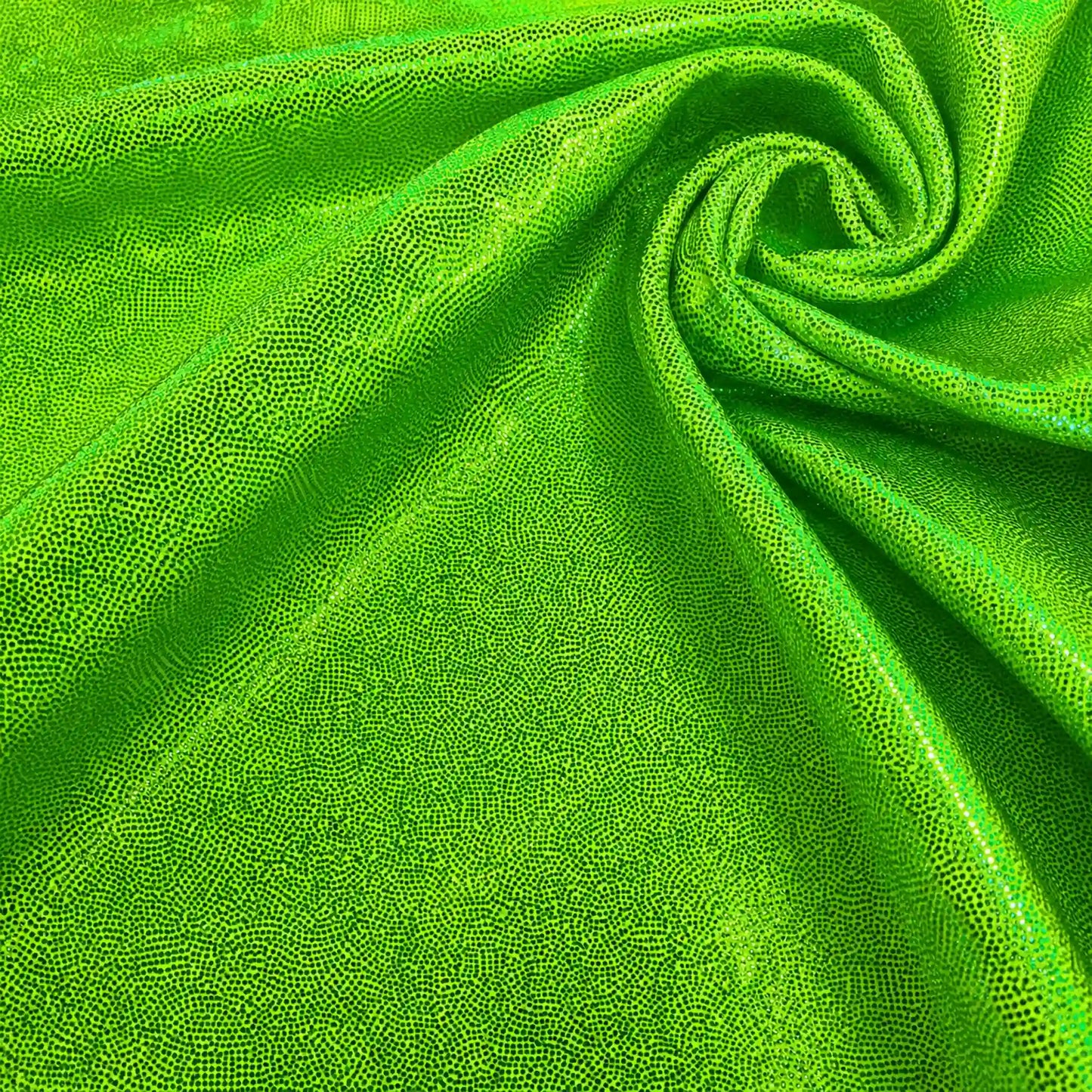 Bright metallic lime green textured fabric draped in a spiral pattern.
