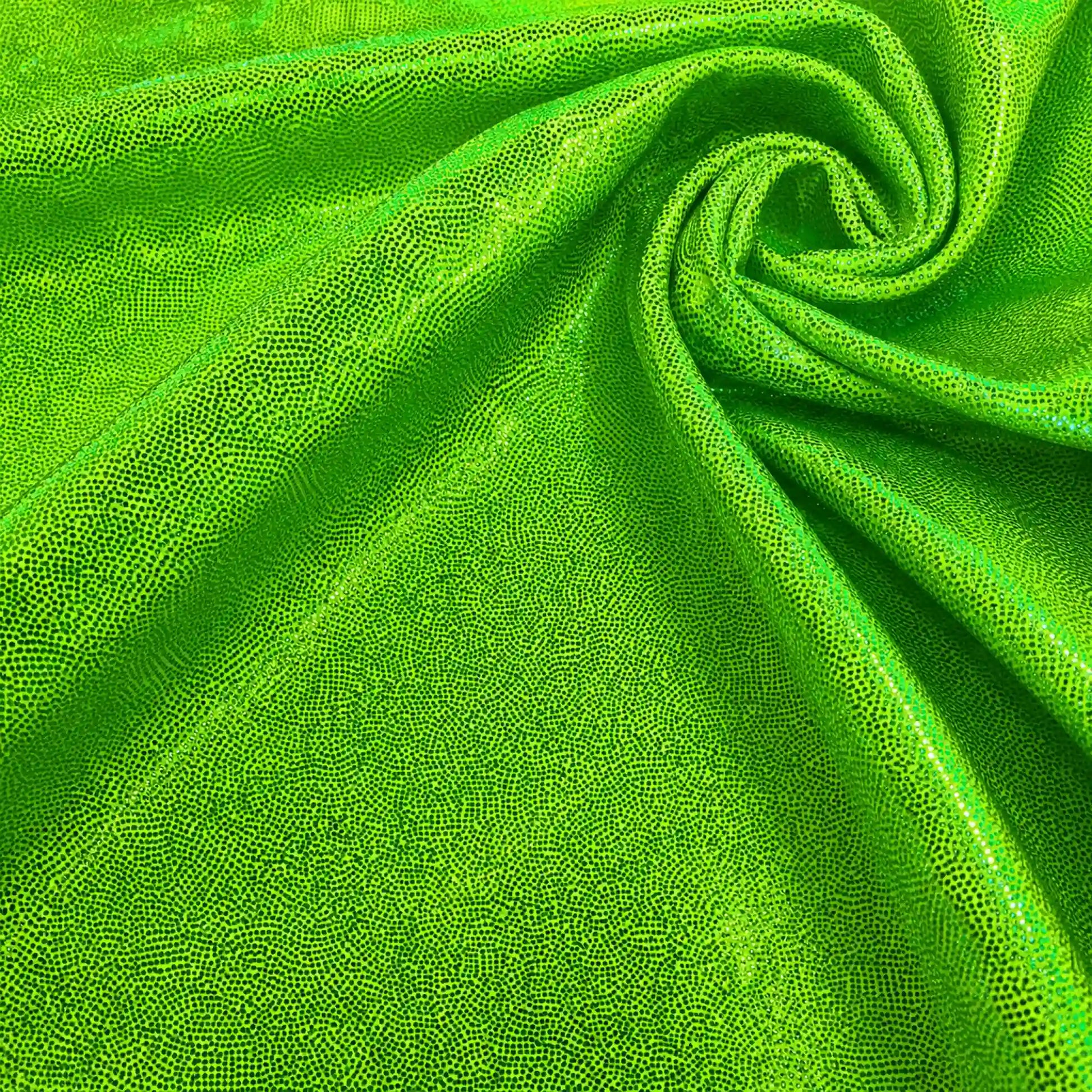 Bright metallic lime green textured fabric draped in a spiral pattern.