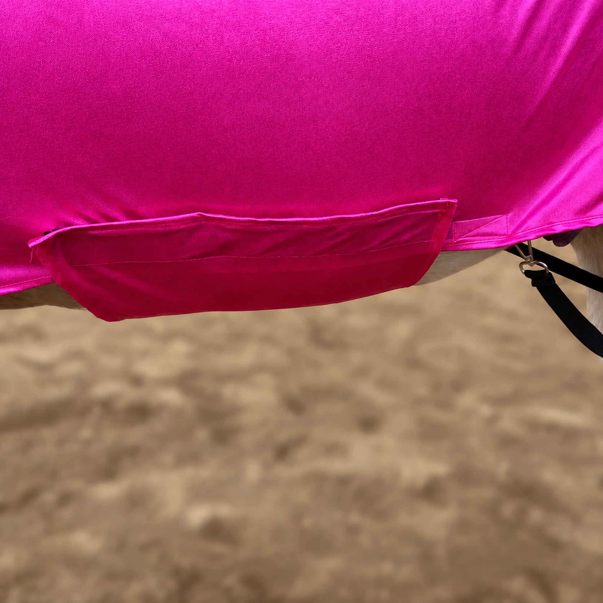 A close-up of a bright metallic pink horse full body sleazy, shown on a horse in a sandy arena with the horse's white body and black straps and metal hardware visible.
