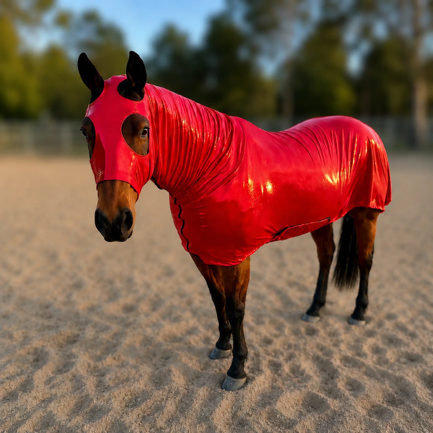 A glossy metallic red full body horse sleazy worn by a brown horse standing in a sandy outdoor arena with blurred trees in the background.