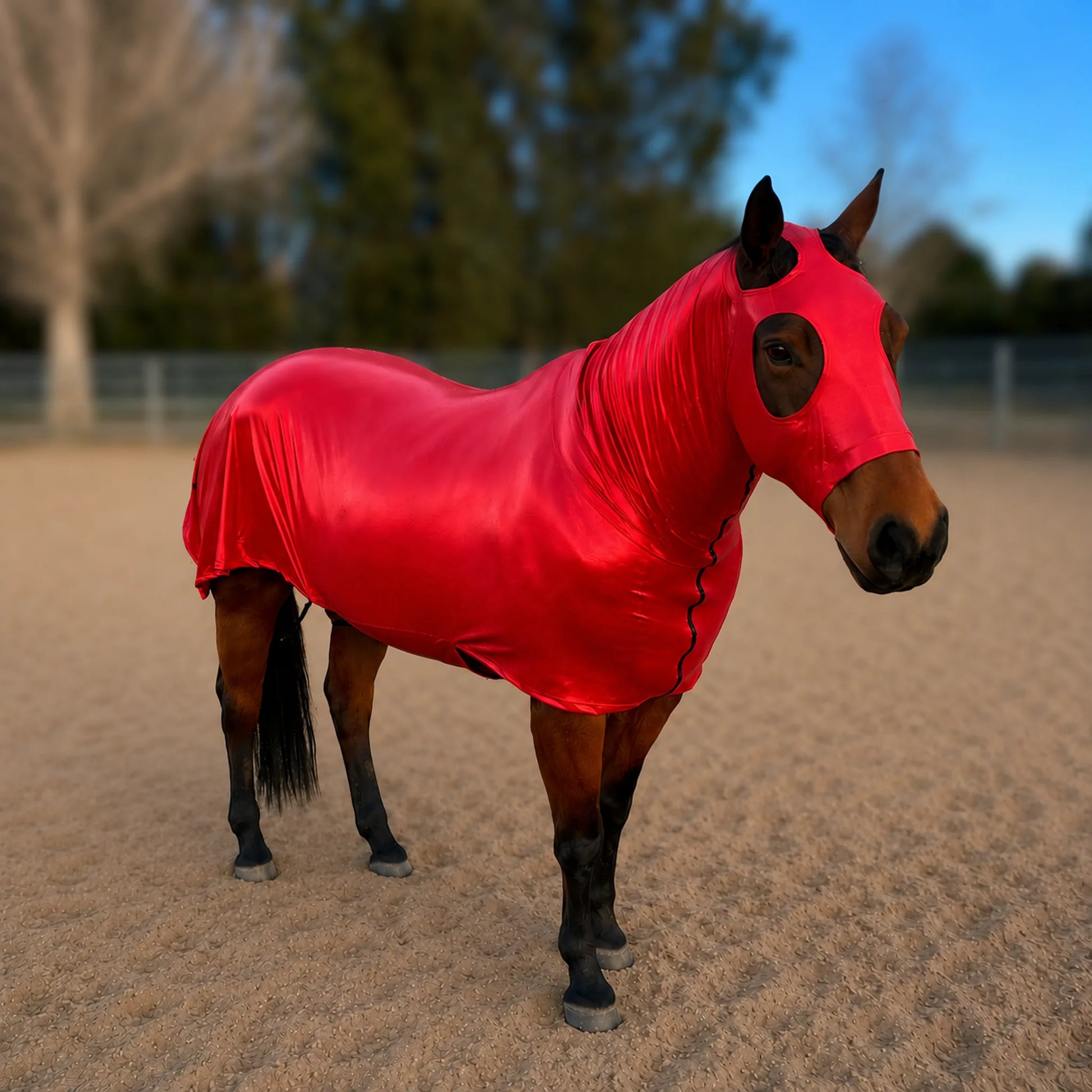 A brown horse standing in a sandy outdoor arena wearing a shiny metallic red full body horse sleazy.