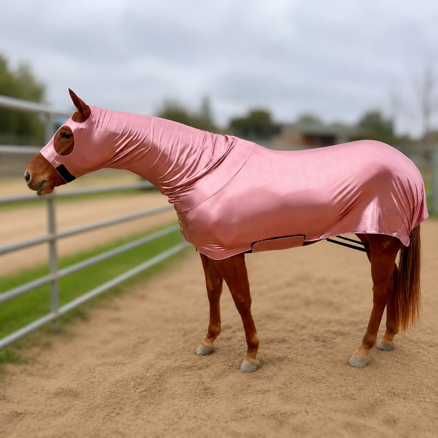 A metallic rose full body horse sleazy is shown on a brown horse standing in a sandy arena.