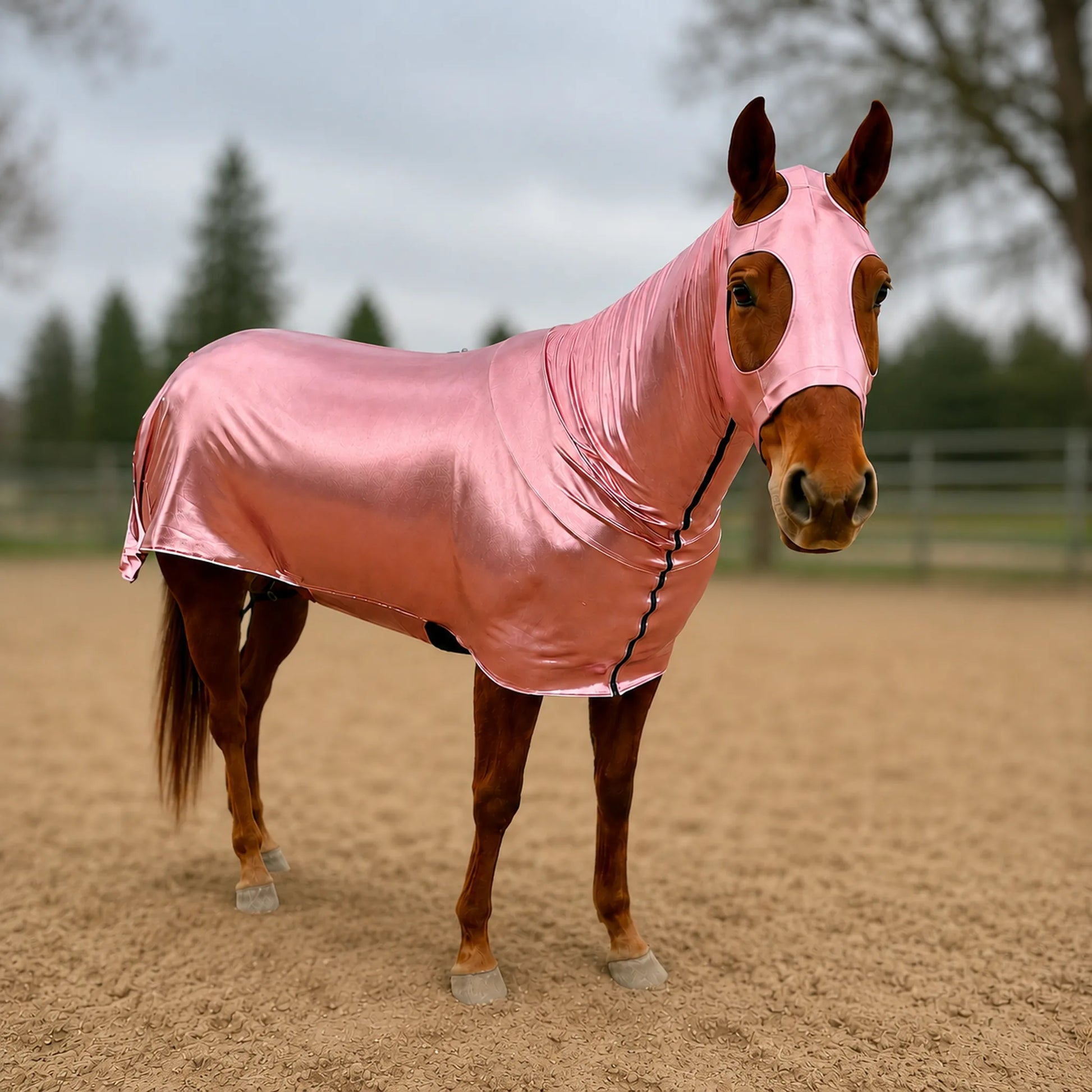 A horse standing in a sandy outdoor arena wearing a shiny metallic rose full body horse sleazy.
