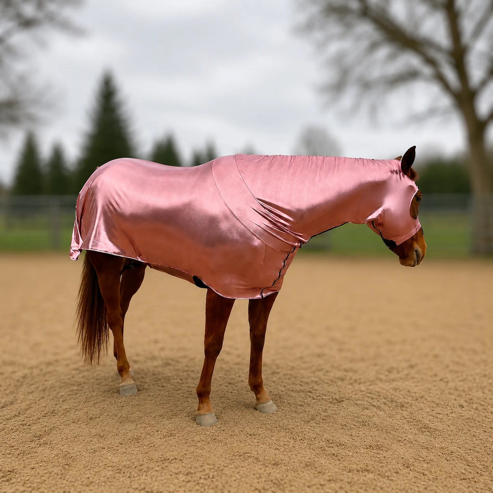 A horse standing in a sandy outdoor arena wearing a shiny metallic rose full body sleazy.