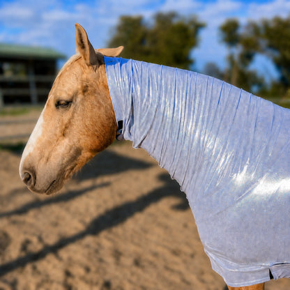 shiny metallic silver faceless full body sleazy horse showing neck and face