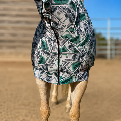 A horse standing in a sandy outdoor arena wearing a fitted money full body sleazy printed with a repeating $100 bill pattern. The photo is taken from behind, showing the horse's legs and the back of the cover.